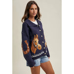Horse & Horseshoe Button Cardigan (Navy) - Bridle Up Hope Shop