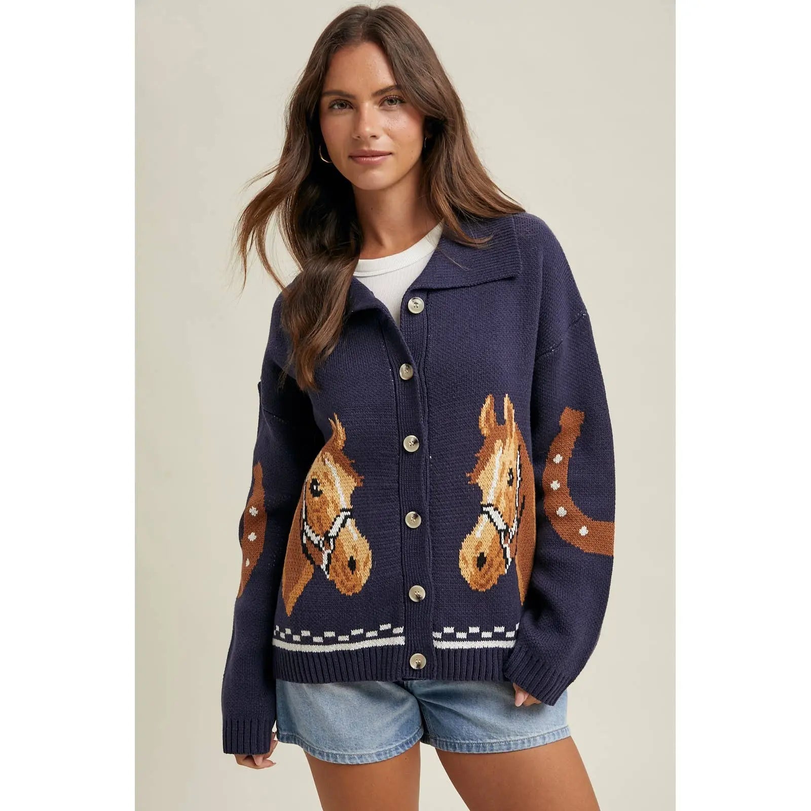Horse & Horseshoe Button Cardigan (Navy) - Bridle Up Hope Shop