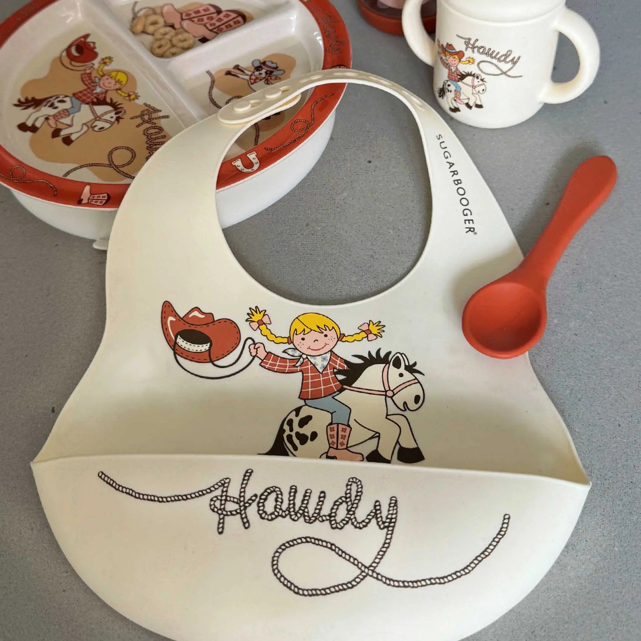 Howdy Cowgirl Bib & Spoon Set (Cream) - Bridle Up Hope Shop