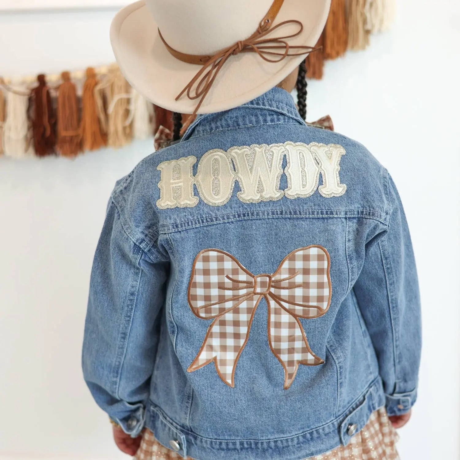 Howdy Denim Jacket with Gingham Bow - Bridle Up Hope Shop
