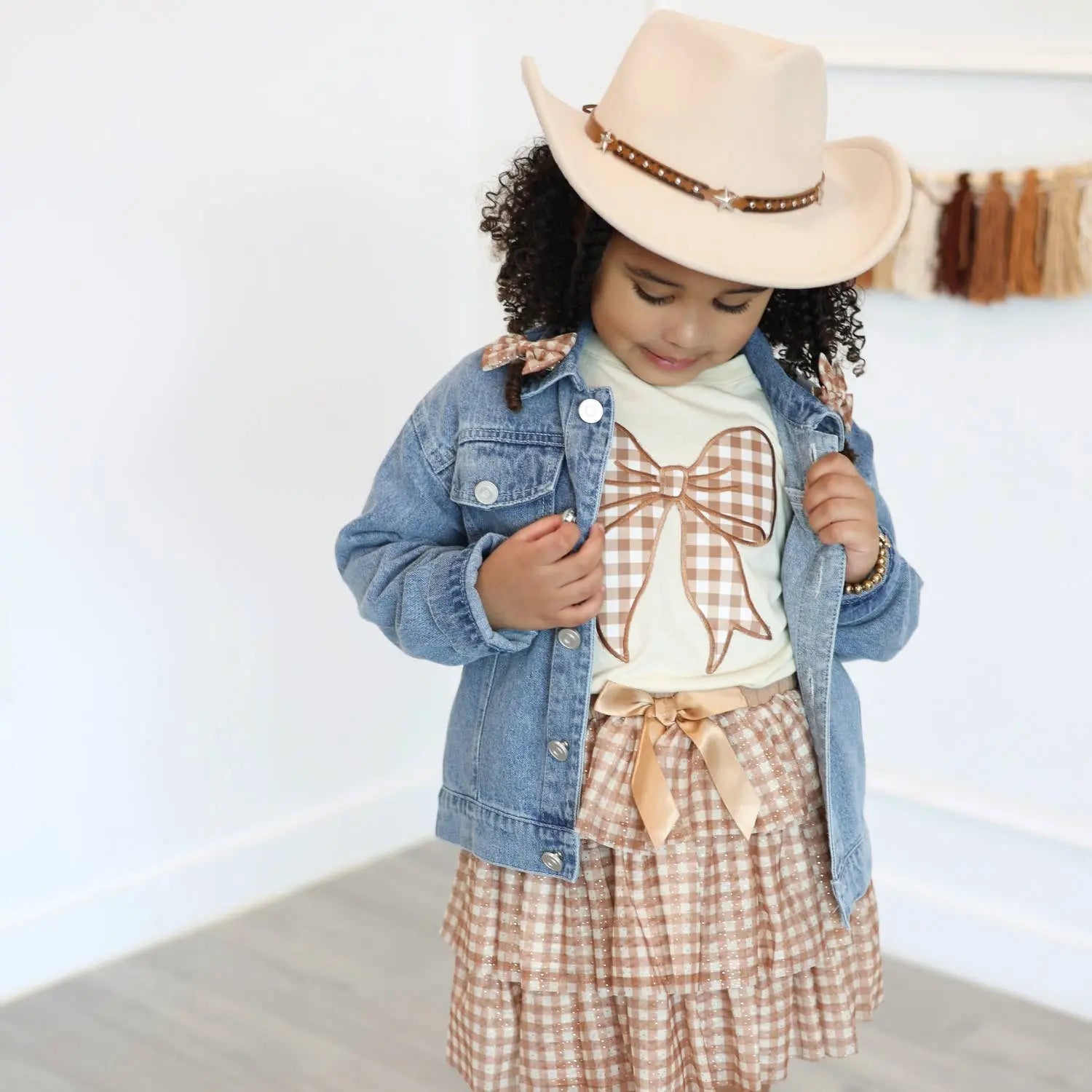 Howdy Denim Jacket with Gingham Bow - Bridle Up Hope Shop