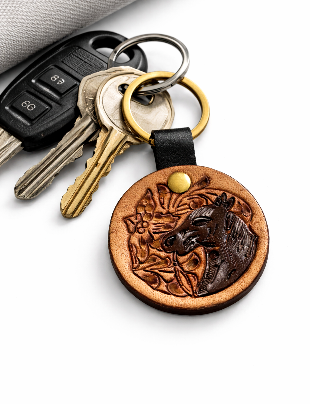 Trail Horse Hand Tooled Key Fob