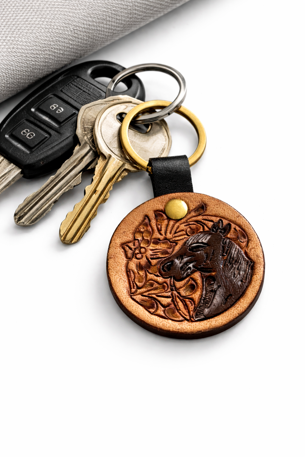 Trail Horse Hand Tooled Key Fob