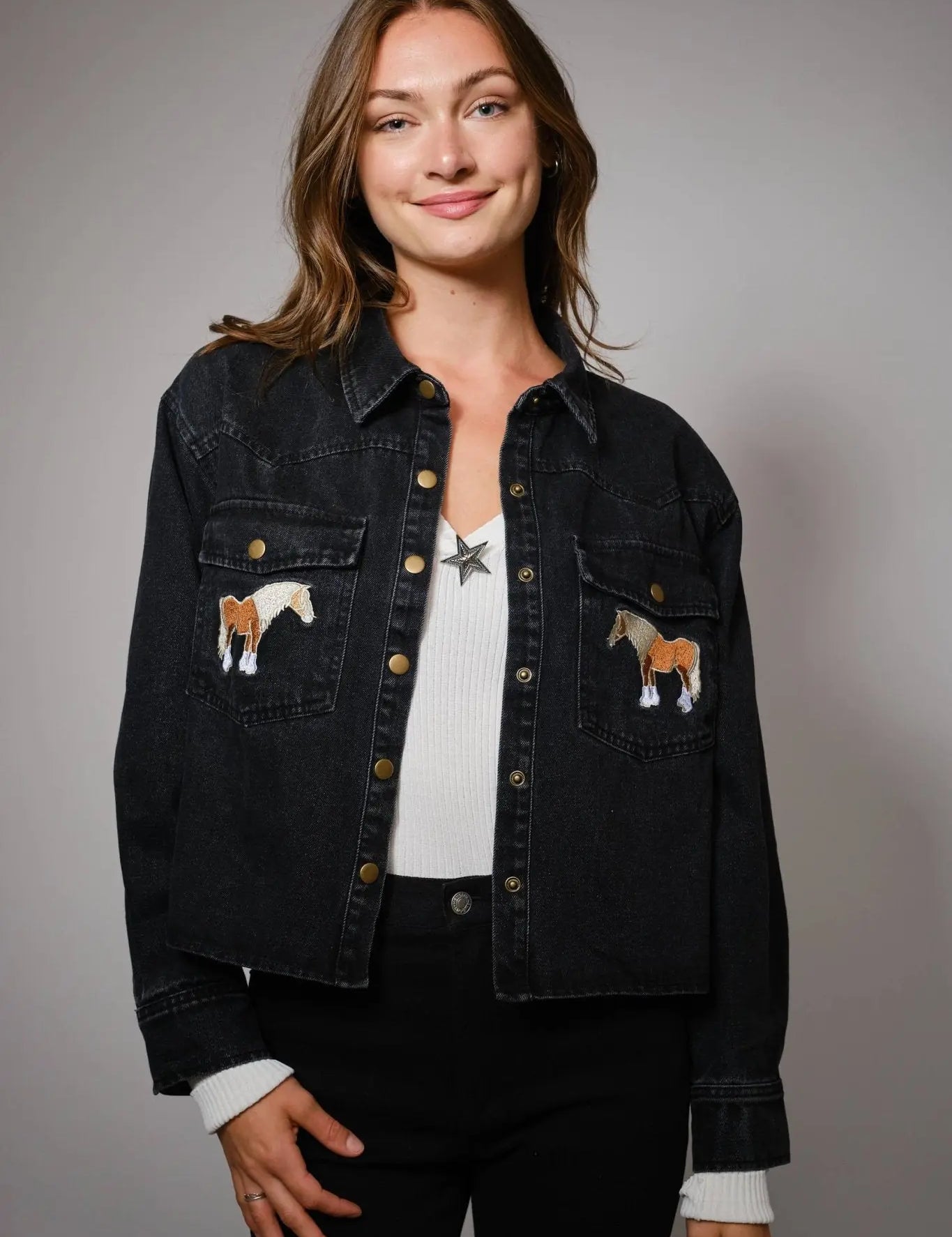 Midnight Mustang Cropped Denim Jacket - Bridle Up Hope Shop