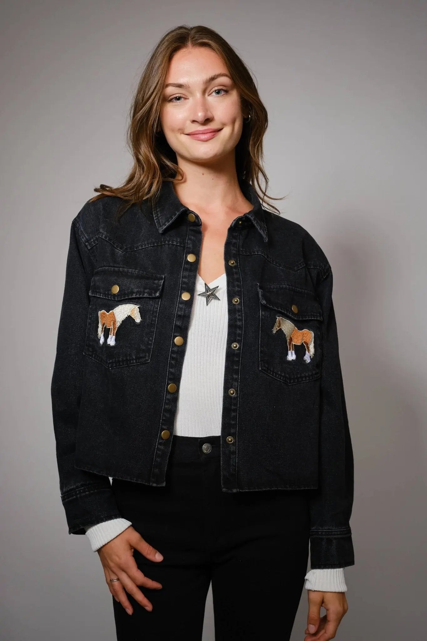 Midnight Mustang Cropped Denim Jacket - Bridle Up Hope Shop