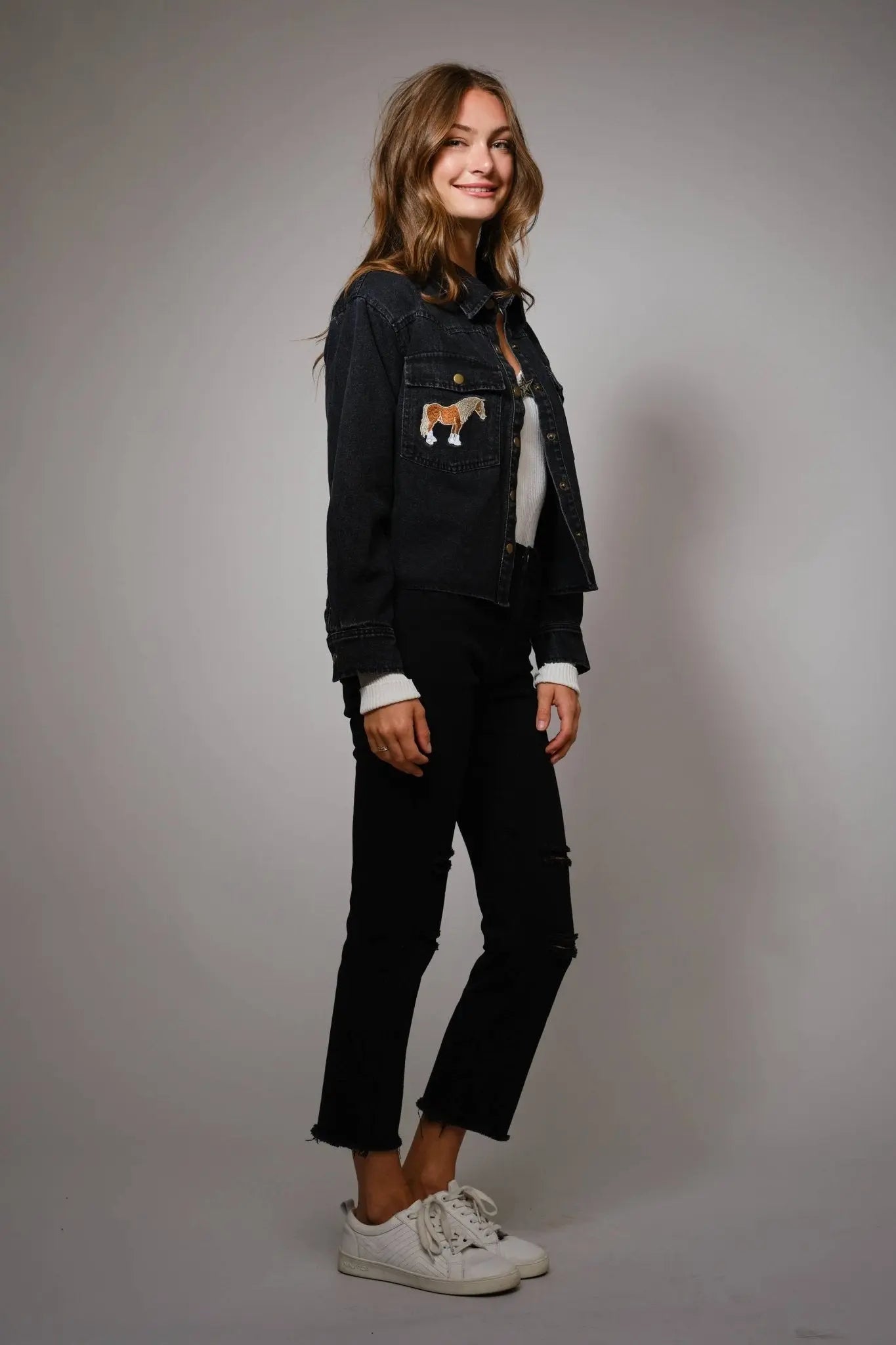 Midnight Mustang Cropped Denim Jacket - Bridle Up Hope Shop