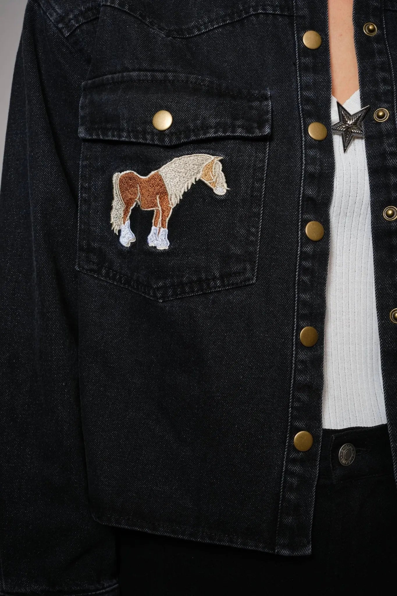 Midnight Mustang Cropped Denim Jacket - Bridle Up Hope Shop