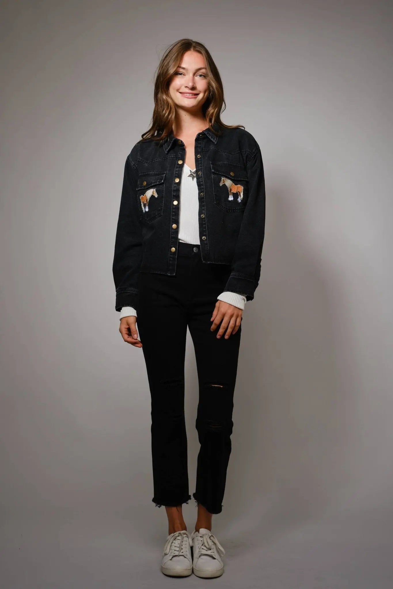 Midnight Mustang Cropped Denim Jacket - Bridle Up Hope Shop