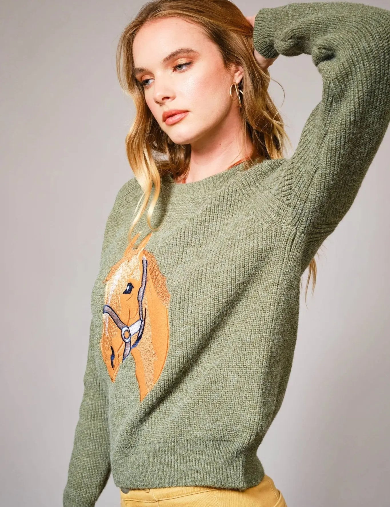 Olive Horse Embroidered Sweater - Bridle Up Hope Shop