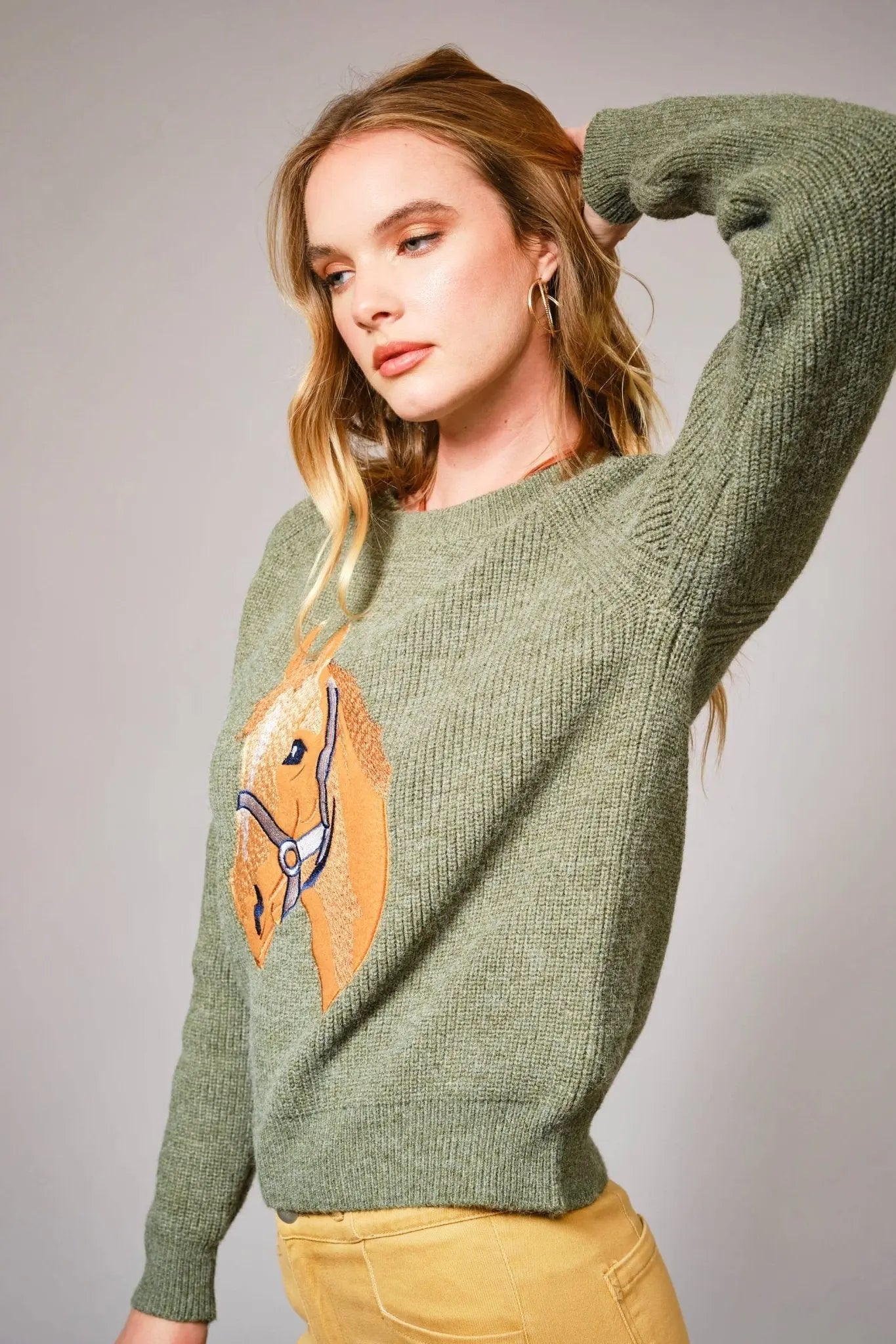 Olive Horse Embroidered Sweater - Bridle Up Hope Shop