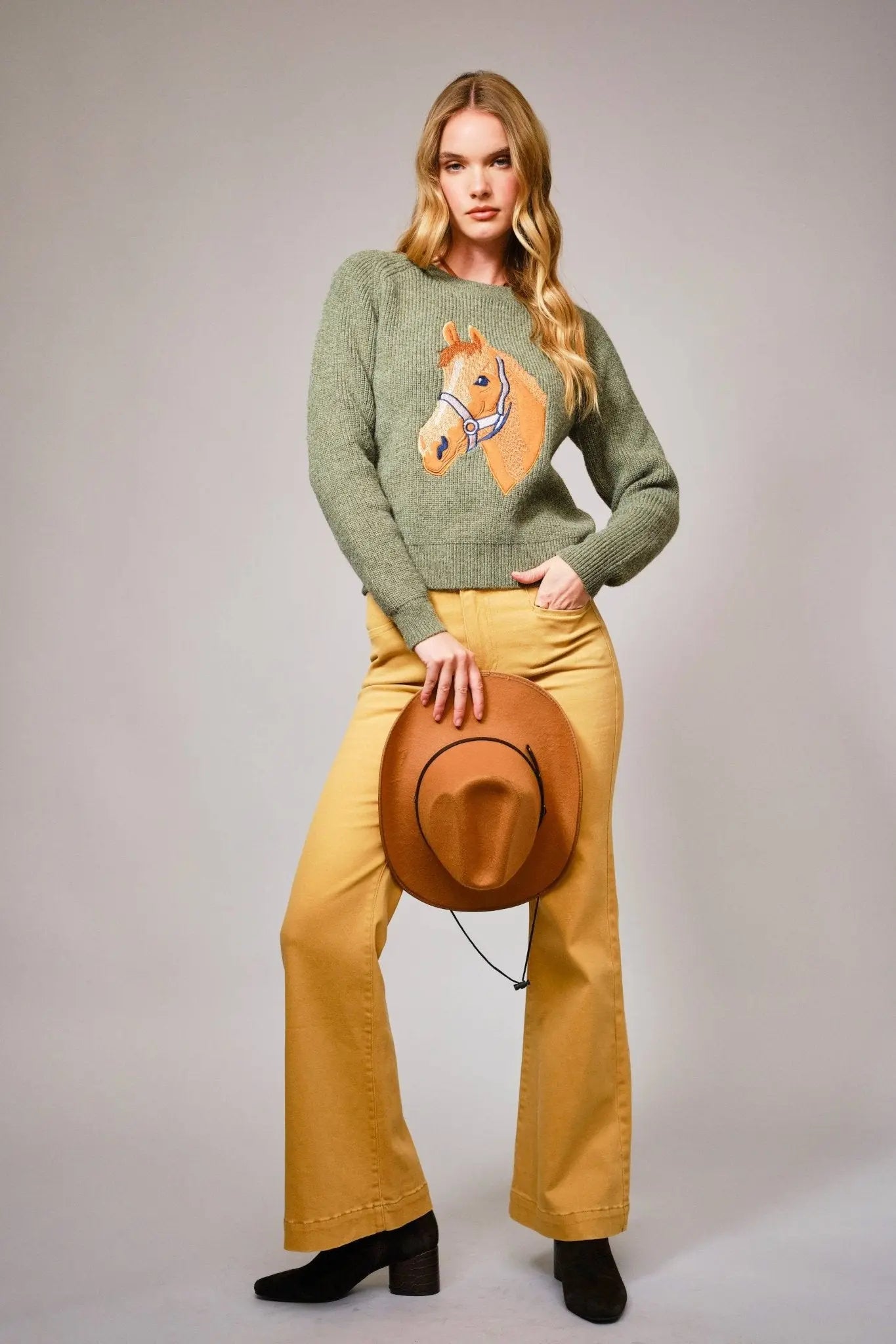 Olive Horse Embroidered Sweater - Bridle Up Hope Shop