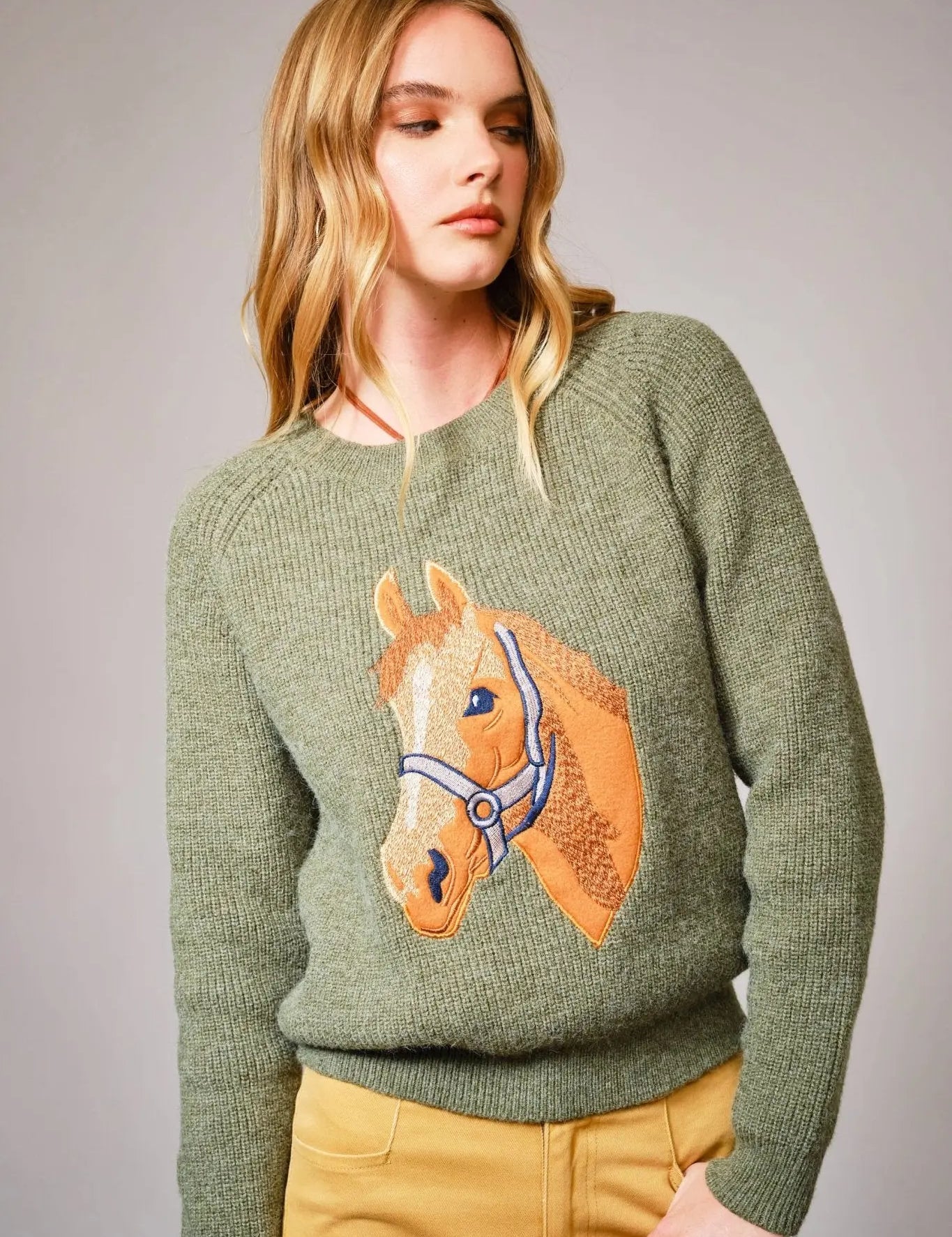 Olive Horse Embroidered Sweater - Bridle Up Hope Shop