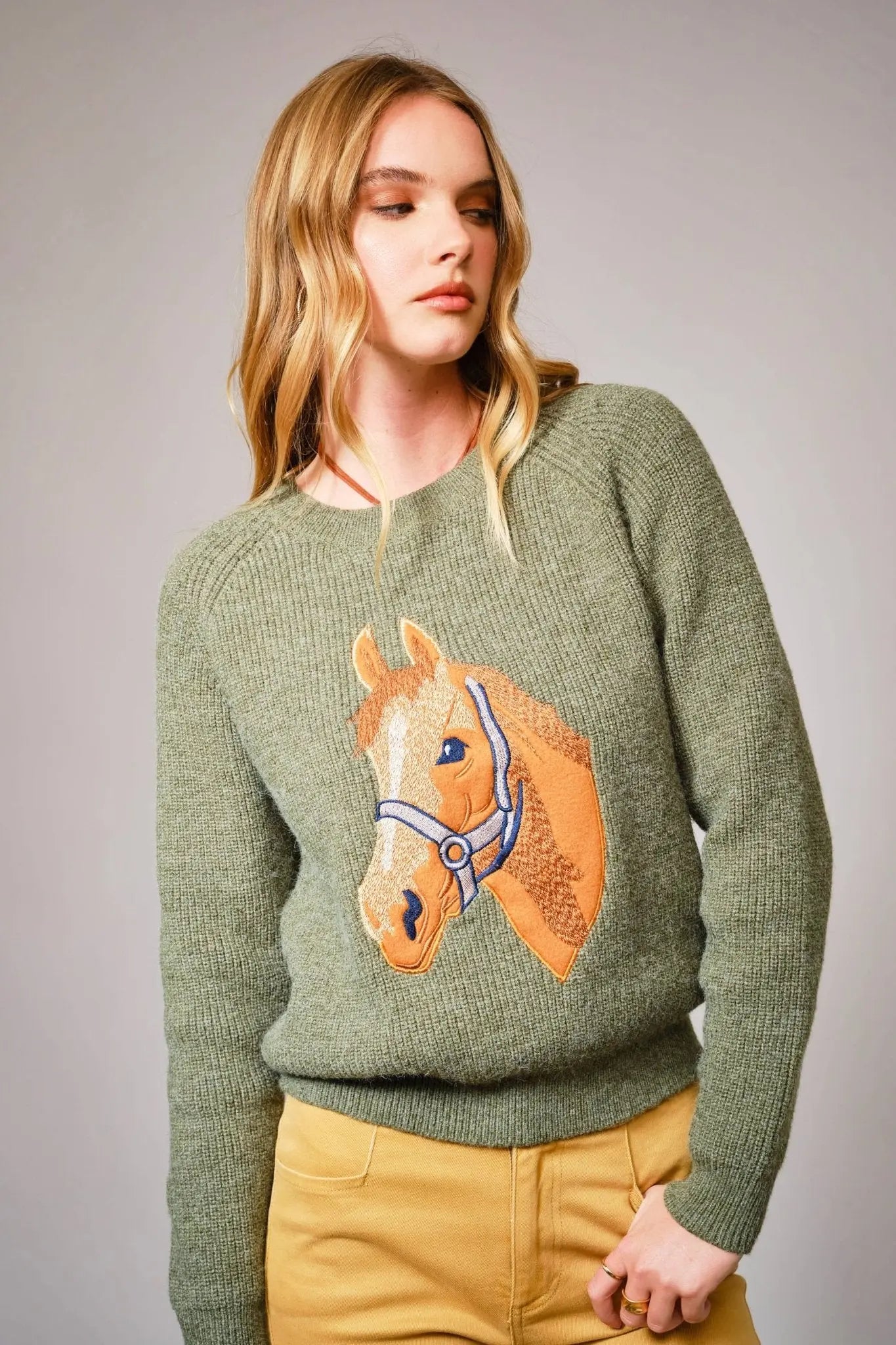 Olive Horse Embroidered Sweater - Bridle Up Hope Shop