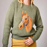 Olive Horse Embroidered Sweater - Bridle Up Hope Shop
