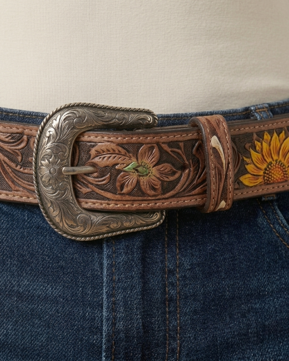 Sunflower Trails Tooled Leather Belt