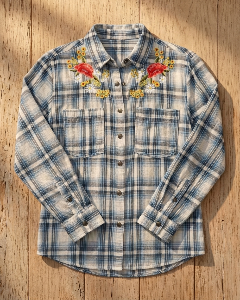 Blue Country Blossoms Embroidered Shirt