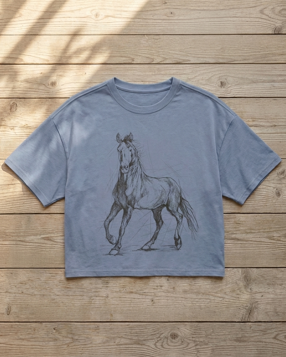 Horse Sketch Long-Crop Tee (Blue)