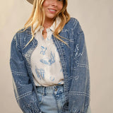 Puff Cowgirl Embroidery Sleeve Denim Jacket - Bridle Up Hope Shop