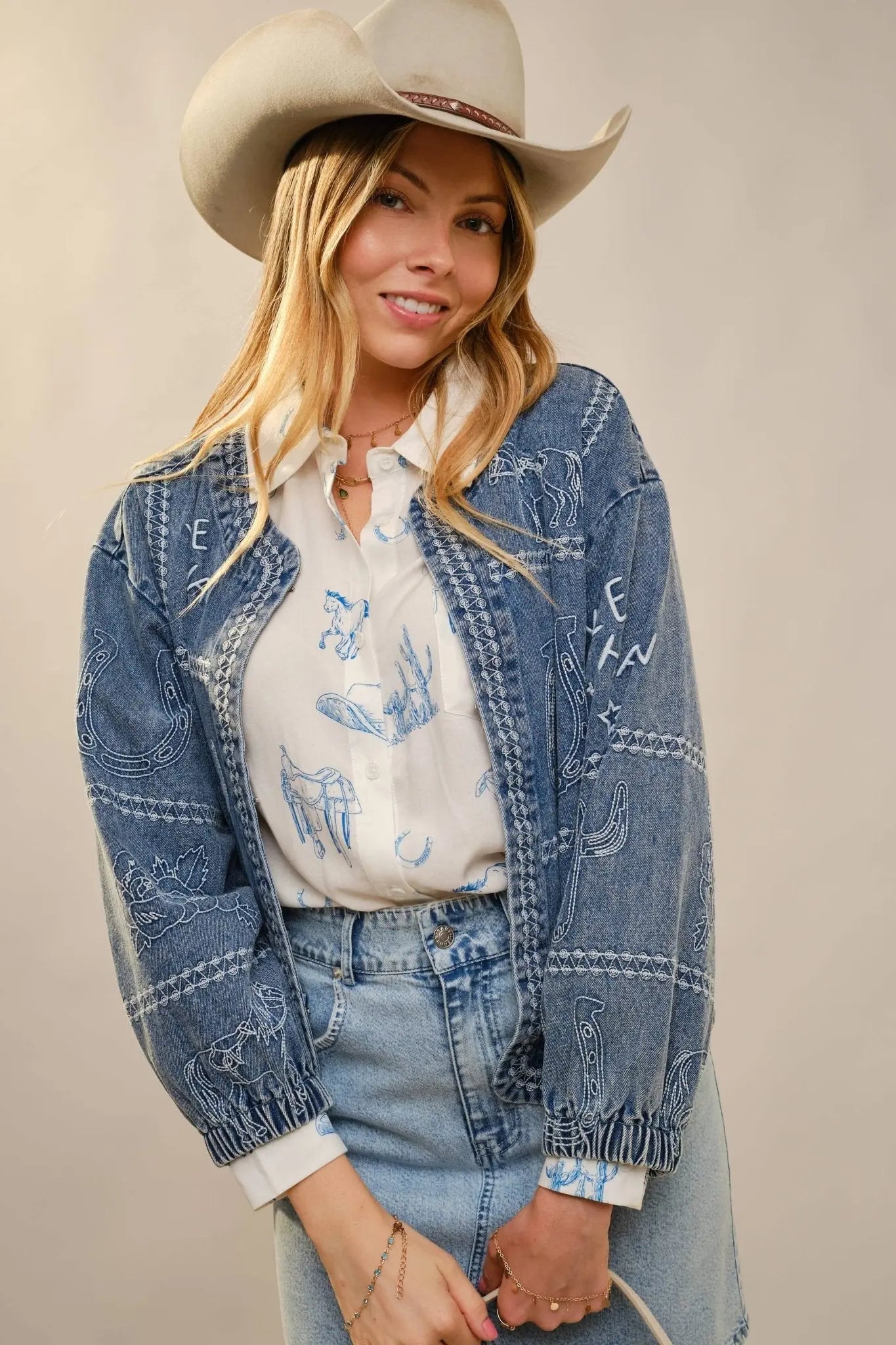 Puff Cowgirl Embroidery Sleeve Denim Jacket - Bridle Up Hope Shop