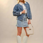 Puff Cowgirl Embroidery Sleeve Denim Jacket - Bridle Up Hope Shop
