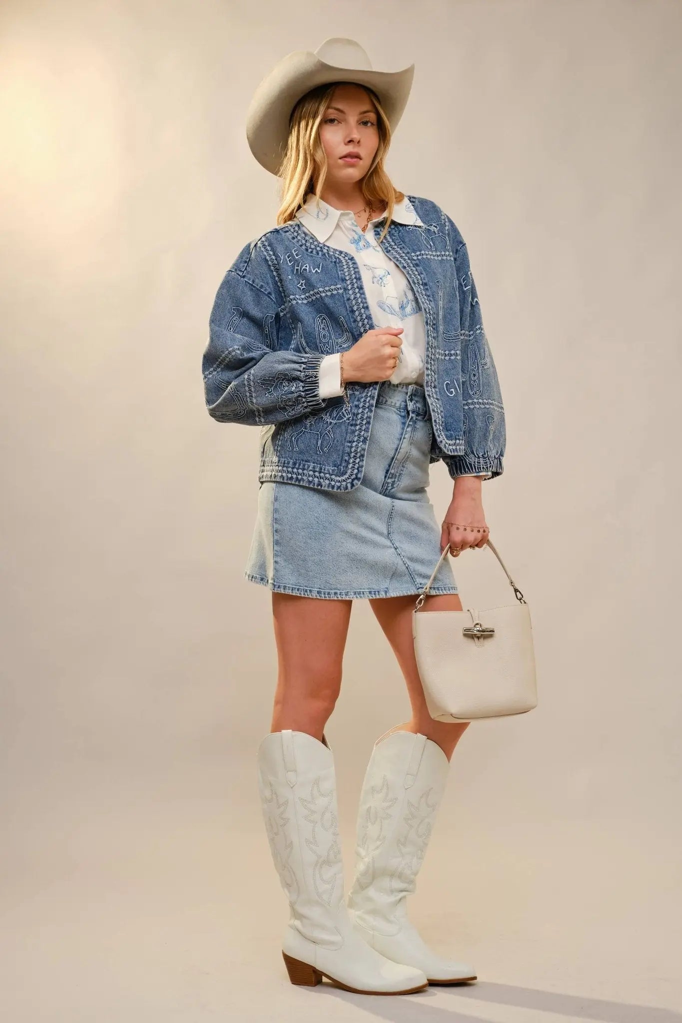 Puff Cowgirl Embroidery Sleeve Denim Jacket - Bridle Up Hope Shop