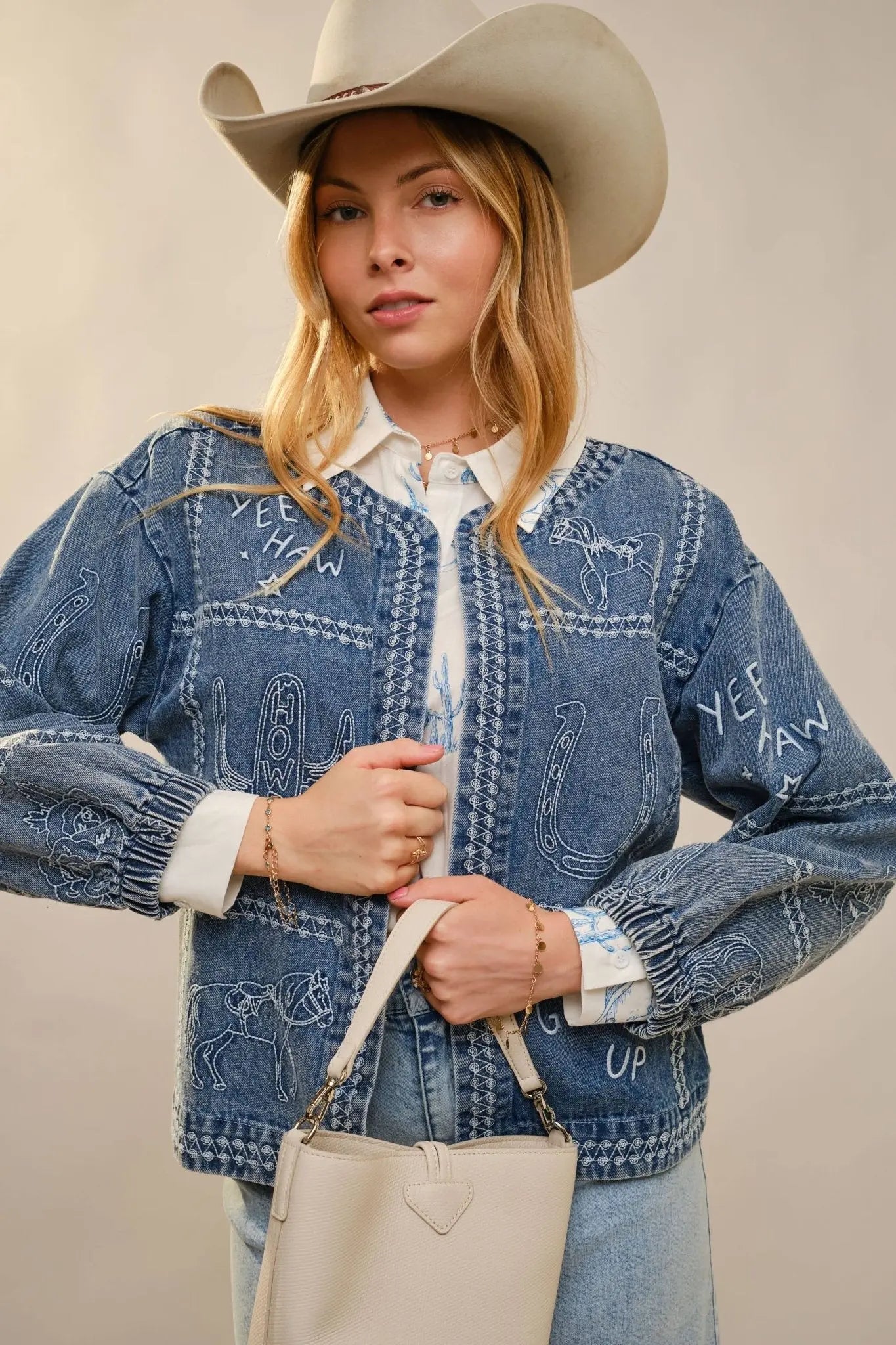 Puff Cowgirl Embroidery Sleeve Denim Jacket - Bridle Up Hope Shop