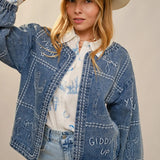 Puff Cowgirl Embroidery Sleeve Denim Jacket - Bridle Up Hope Shop