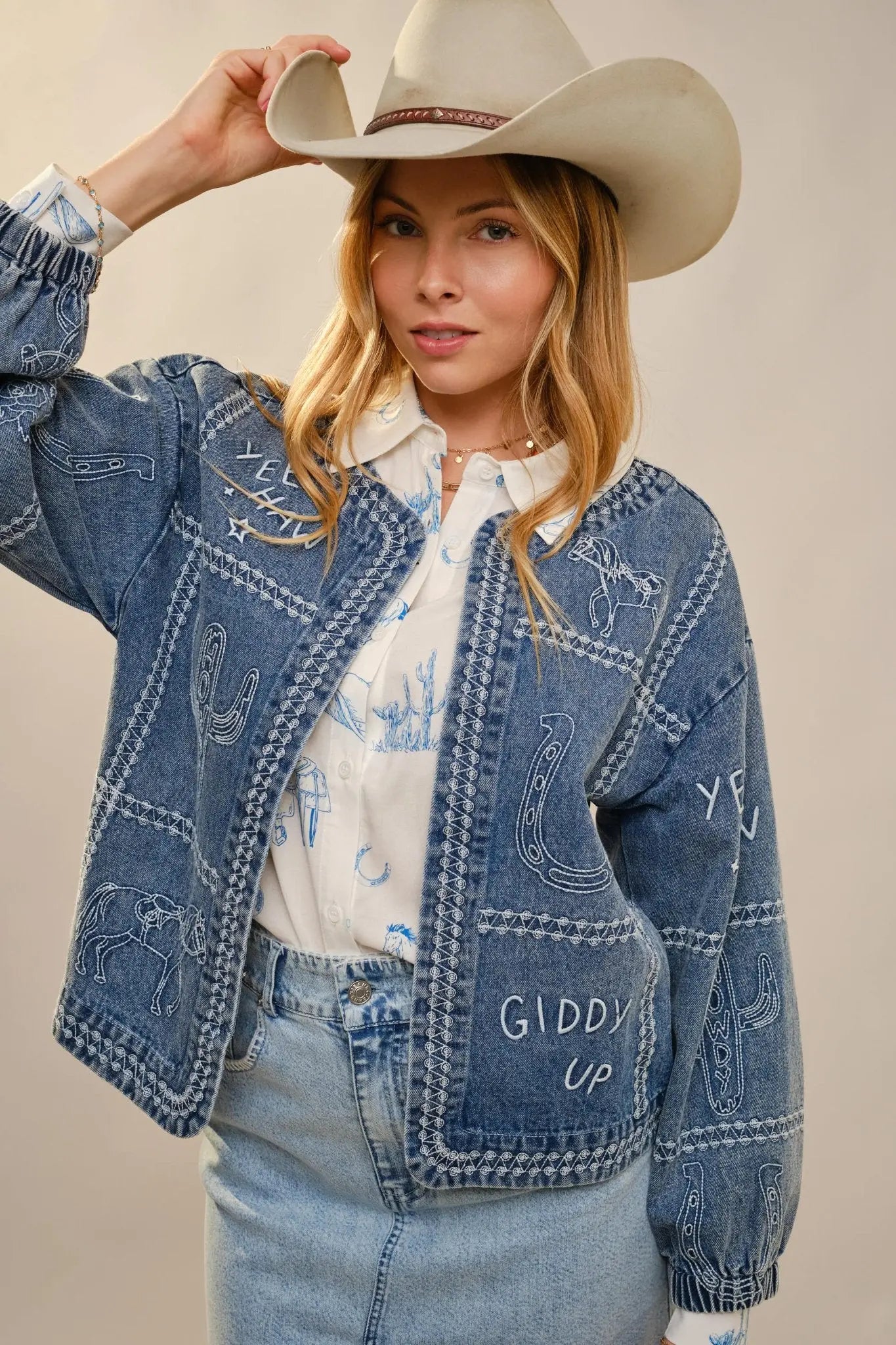 Puff Cowgirl Embroidery Sleeve Denim Jacket - Bridle Up Hope Shop