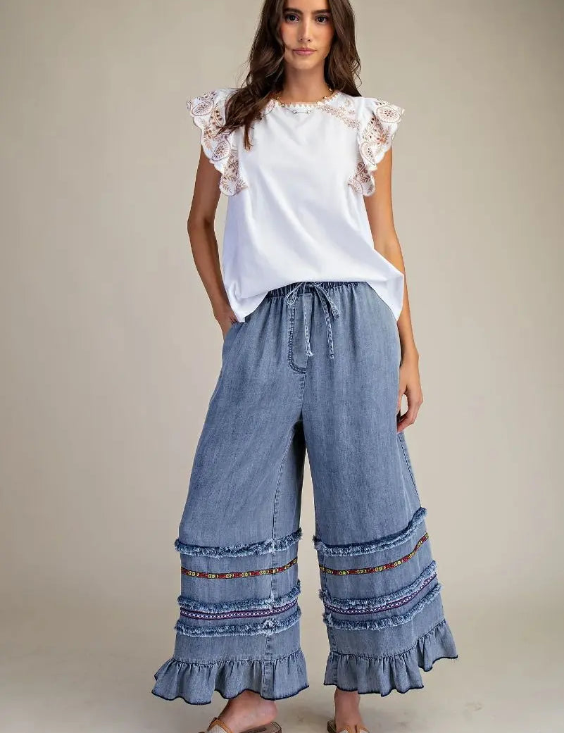 Ruffle Bottom Western Chambray Pants - Bridle Up Hope Shop
