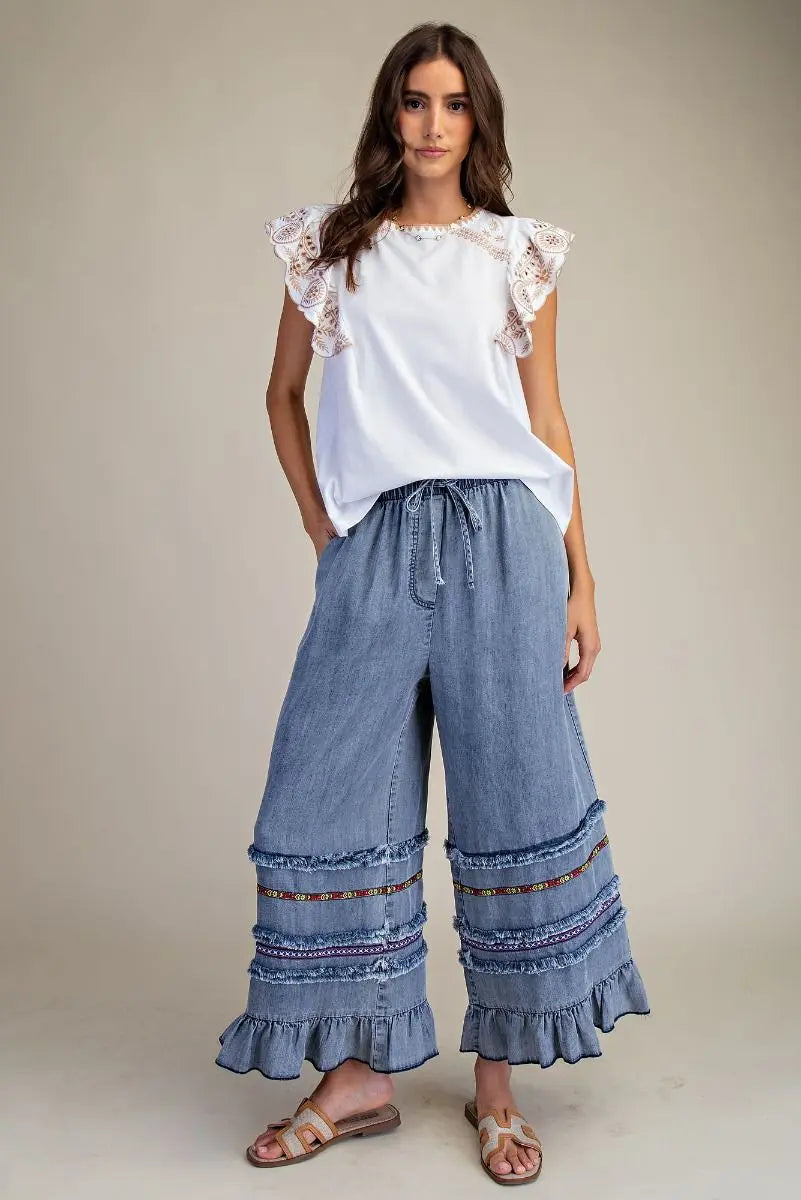 Ruffle Bottom Western Chambray Pants - Bridle Up Hope Shop