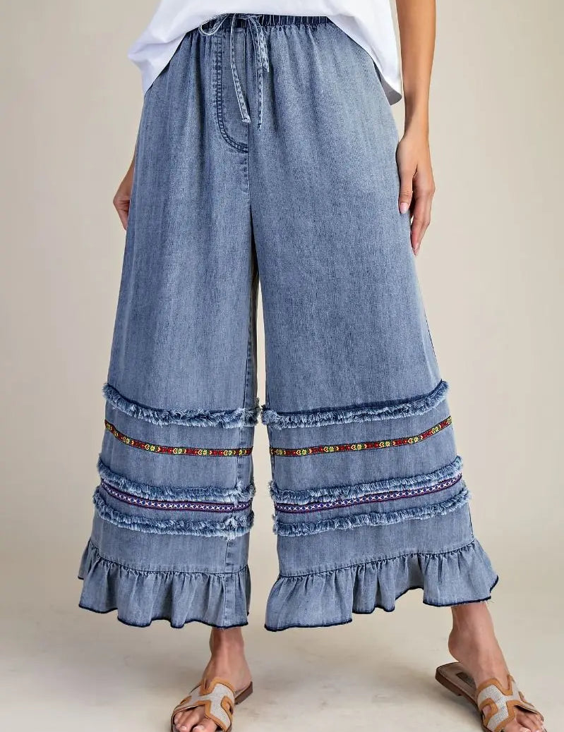 Ruffle Bottom Western Chambray Pants - Bridle Up Hope Shop