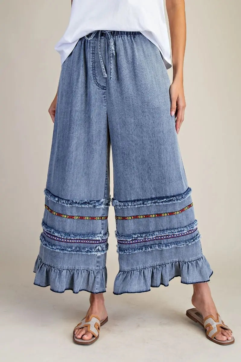 Ruffle Bottom Western Chambray Pants - Bridle Up Hope Shop