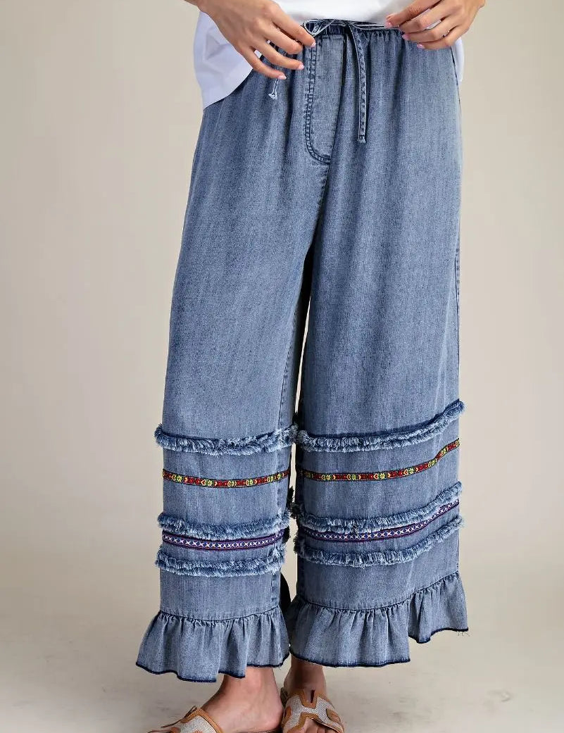 Ruffle Bottom Western Chambray Pants - Bridle Up Hope Shop