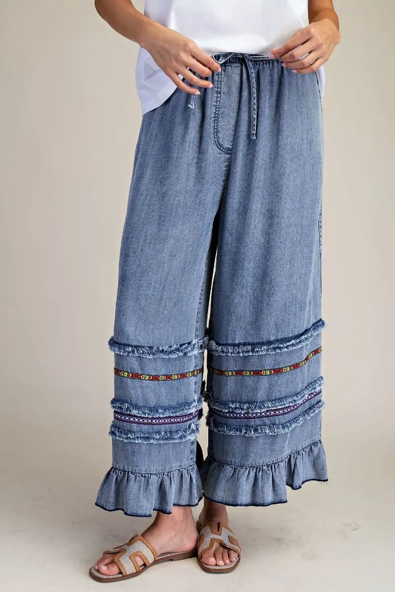 Ruffle Bottom Western Chambray Pants - Bridle Up Hope Shop