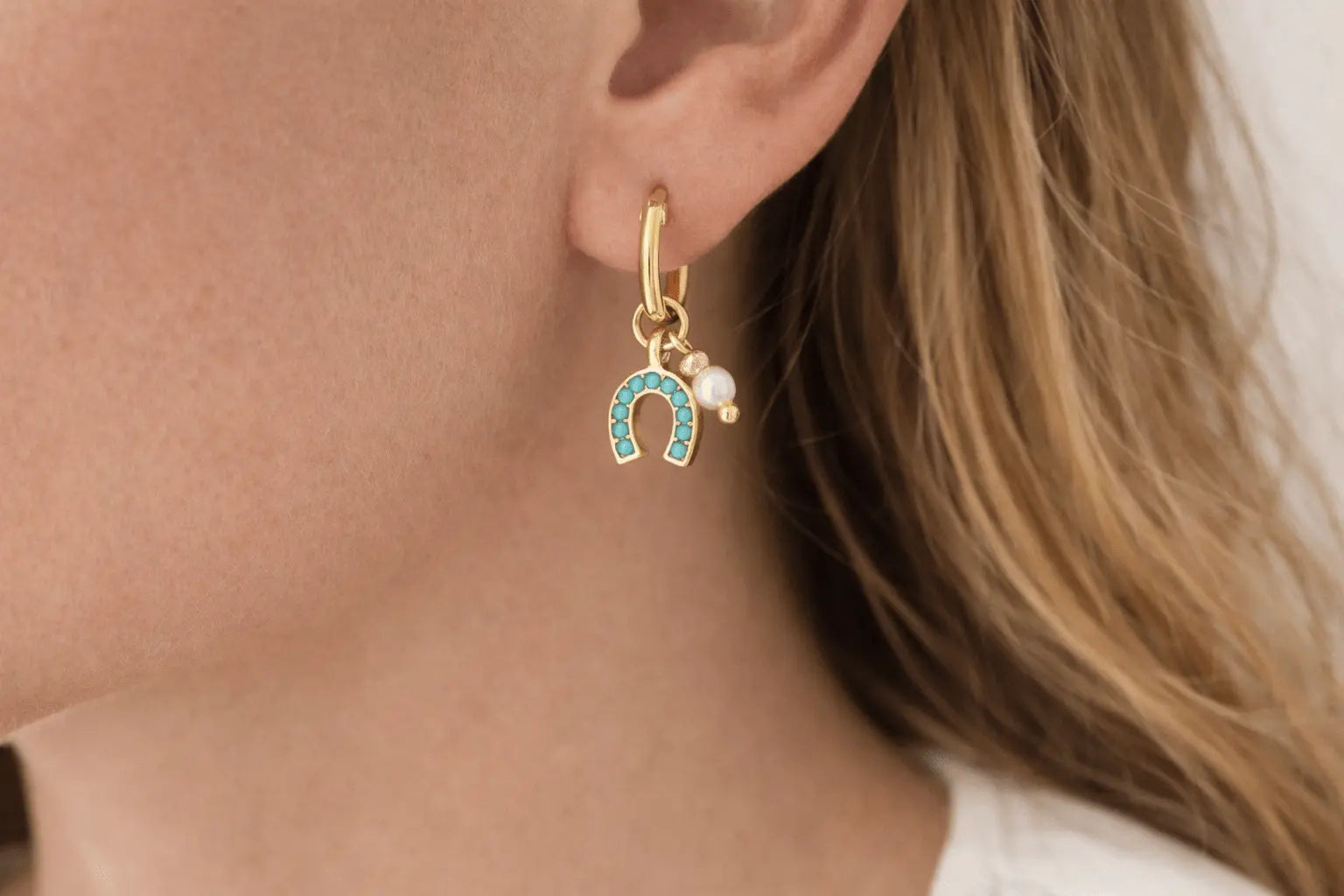 Turquoise & Pearl Horseshoe Earrings - Bridle Up Hope Shop