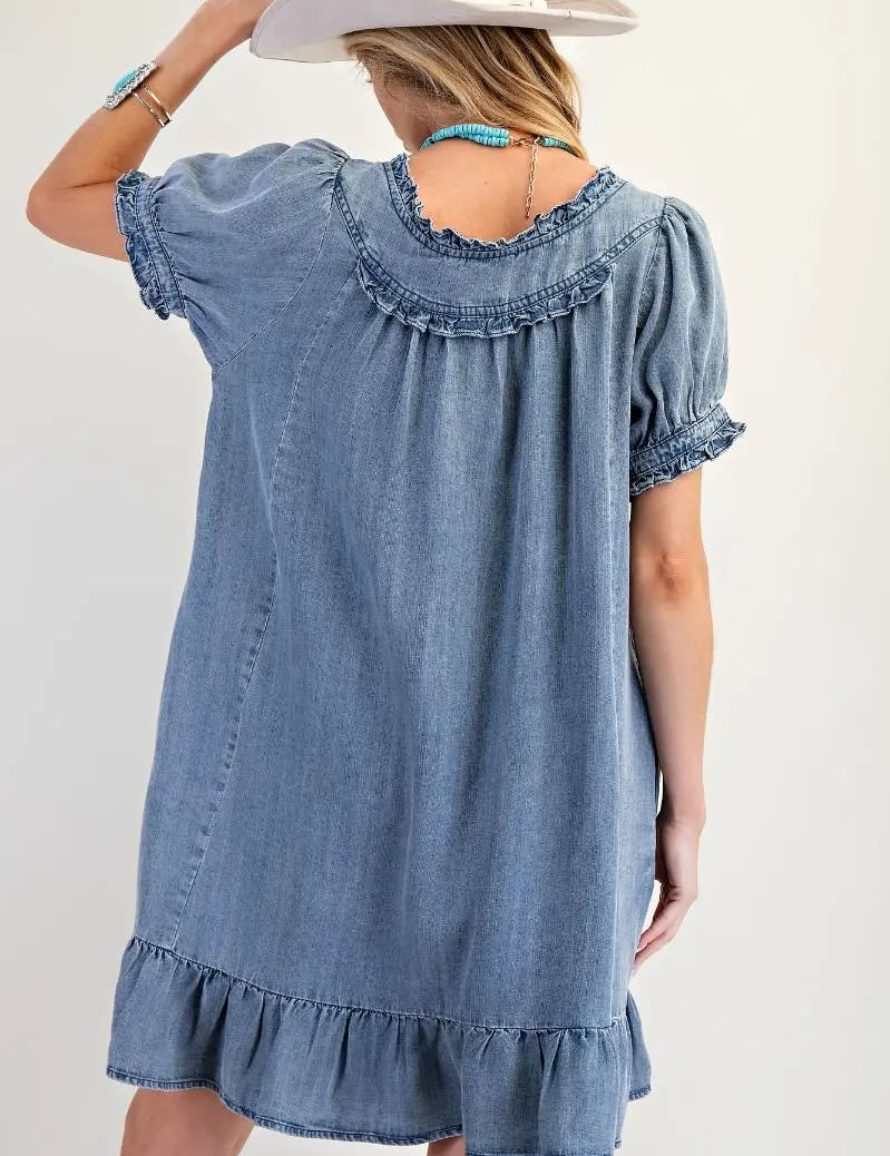 Washed Chambray Ruffle Dress - Bridle Up Hope Shop