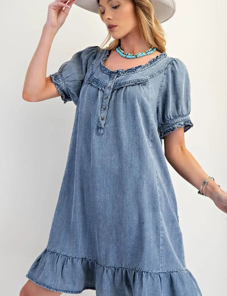 Washed Chambray Ruffle Dress - Bridle Up Hope Shop