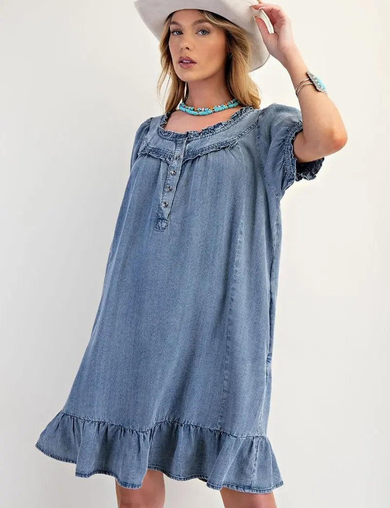 Washed Chambray Ruffle Dress - Bridle Up Hope Shop