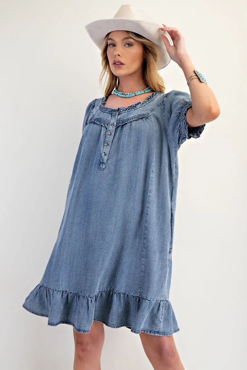 Washed Chambray Ruffle Dress - Bridle Up Hope Shop