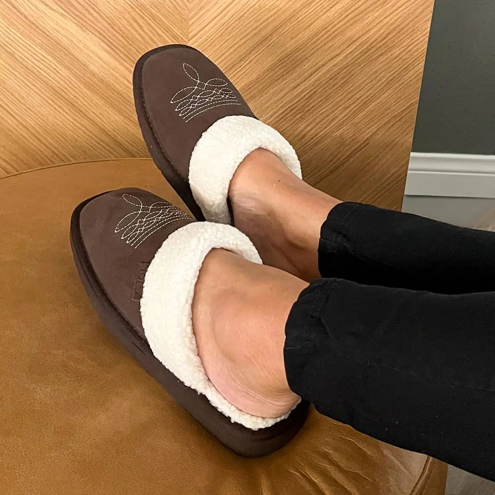 Western Boot Stitch Slippers (Dark Brown) - Bridle Up Hope Shop