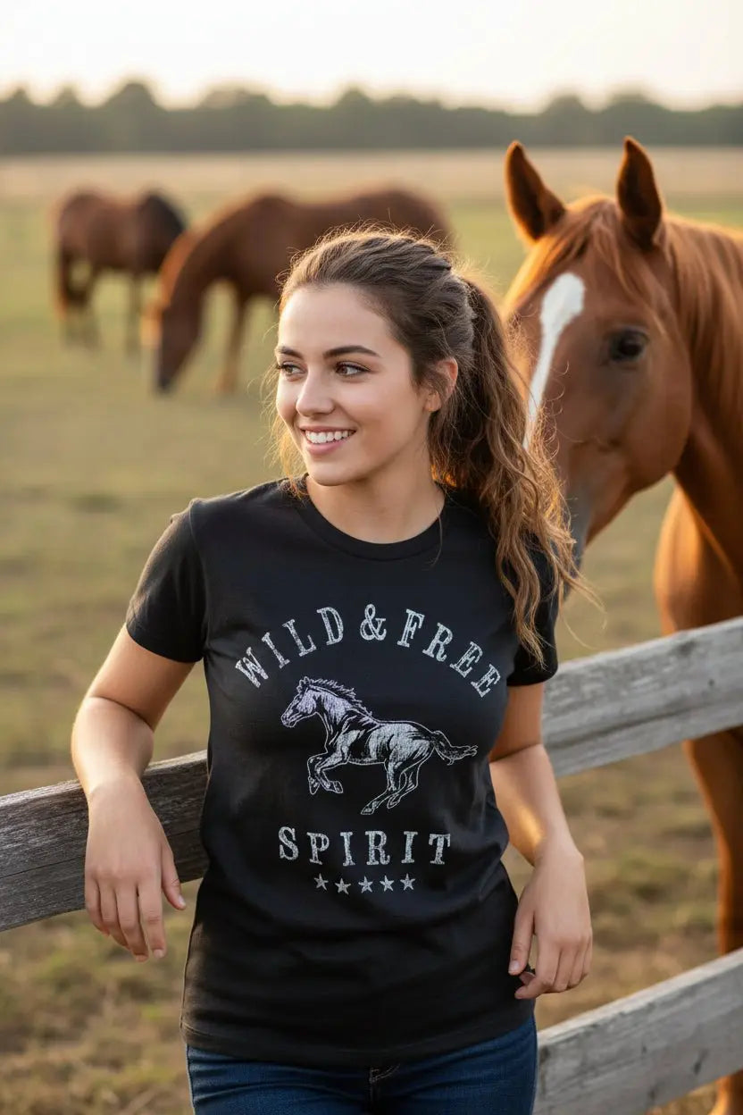 Wild & Free Horse Tee Shirt (Black) - Bridle Up Hope Shop