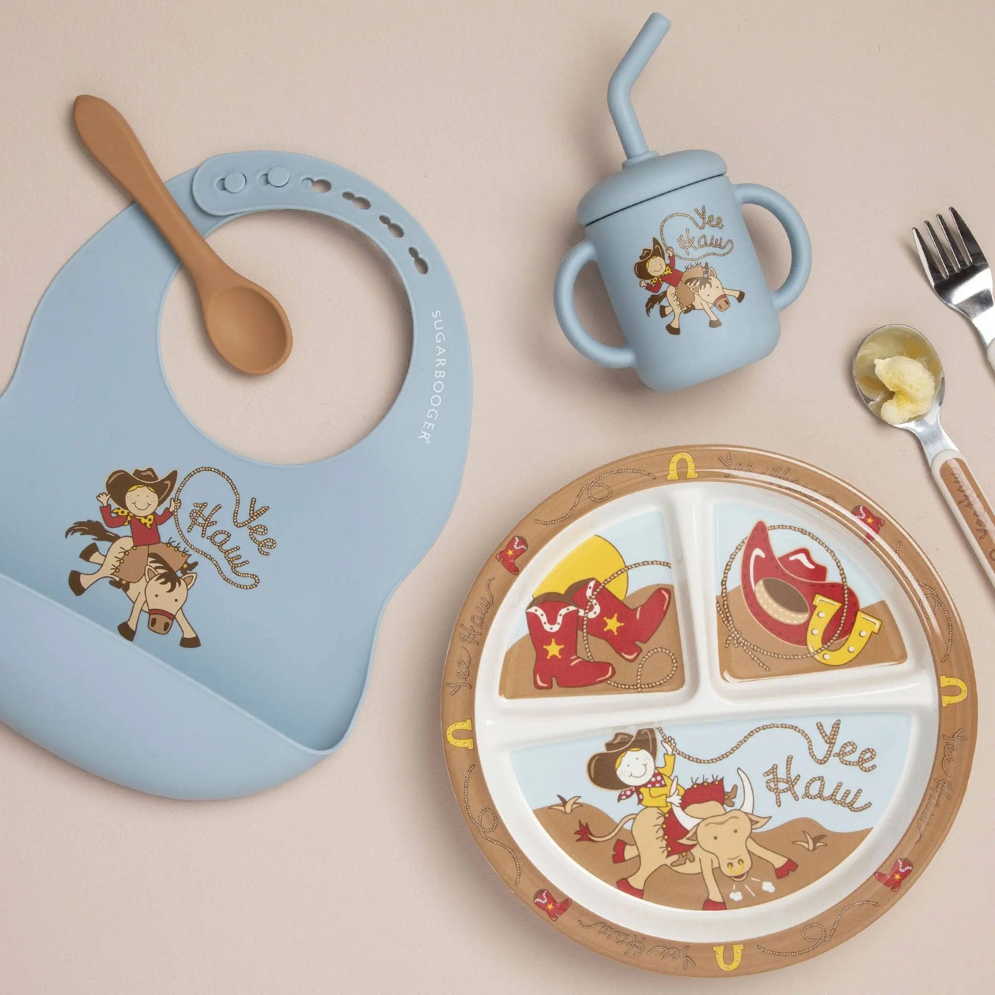 Yeehaw Bib & Spoon Set (Blue) - Bridle Up Hope Shop
