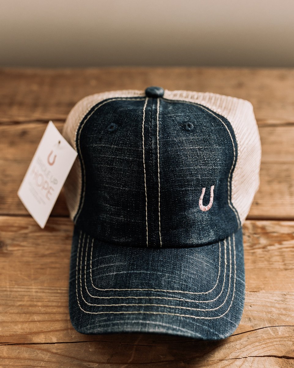 blue denim trucker hat