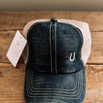 blue denim trucker hat