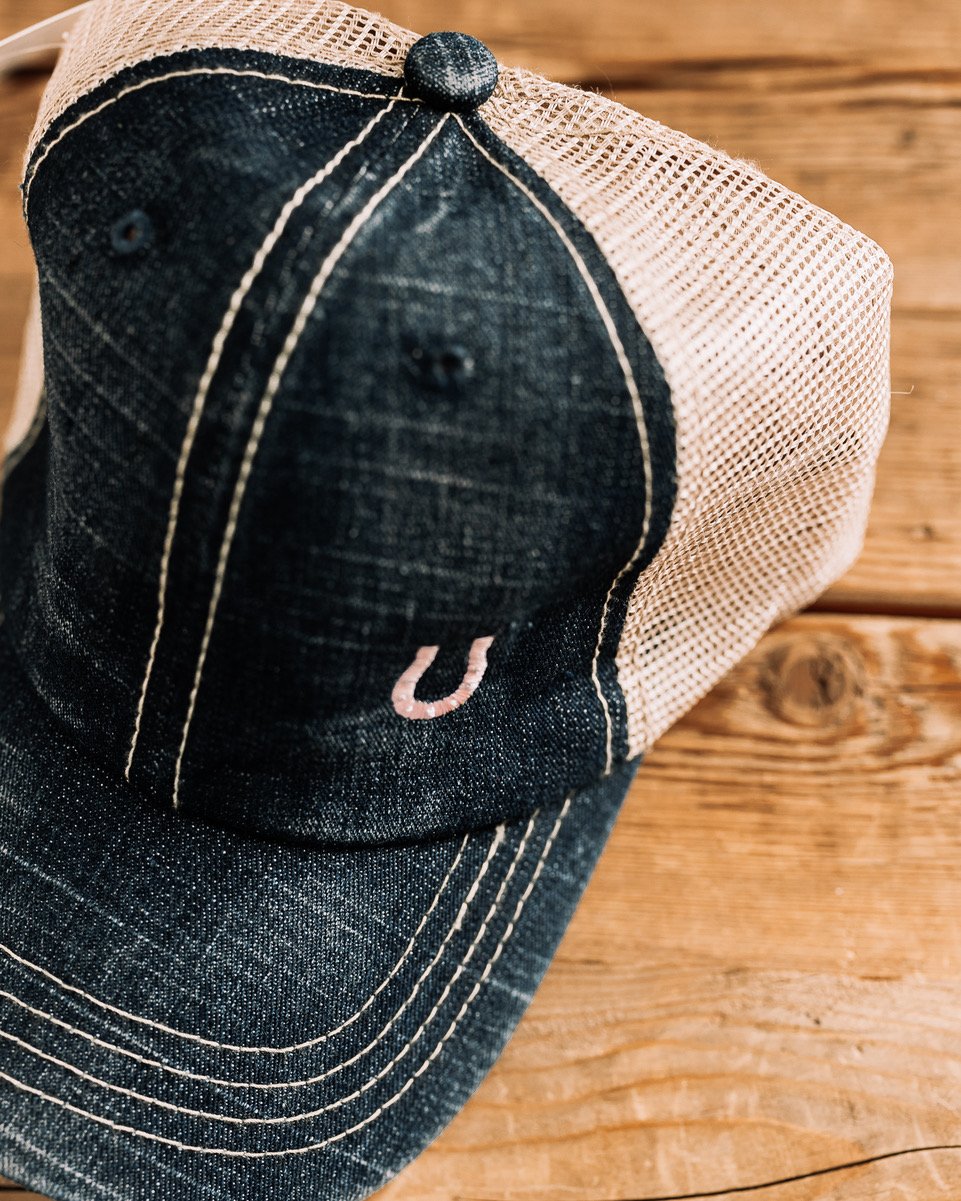 blue denim trucker hat