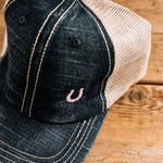 blue denim trucker hat