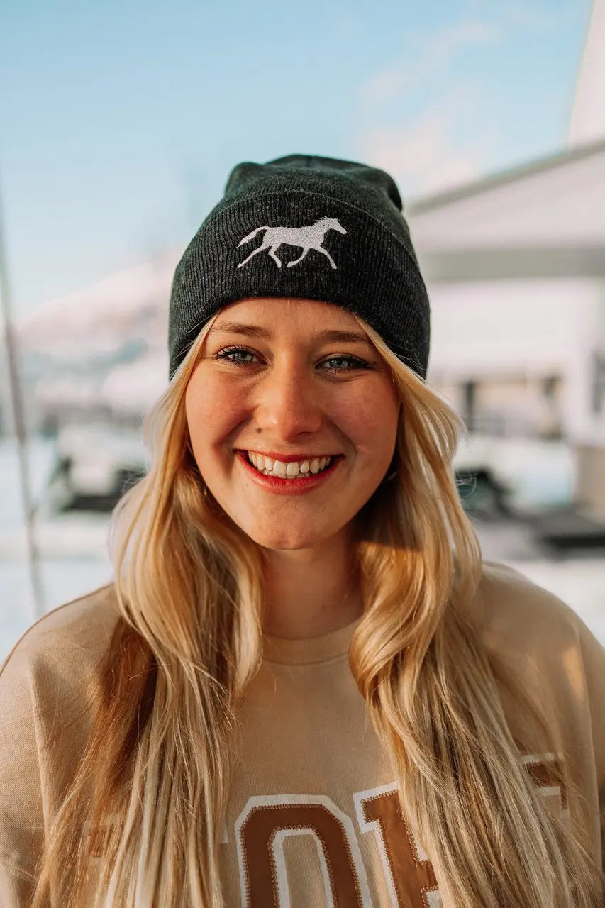 White Horse Beanie (Charcoal) - Bridle Up Hope Shop